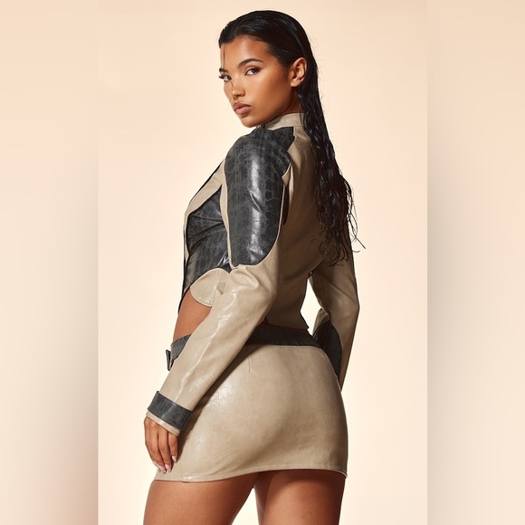 PLT The Label Black Contrast Panel Detail Dipped Front Faux Leather Jacket 10 - Picture 2 of 7